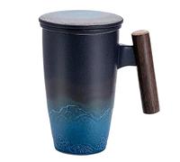 ZIHDKE Ceramic Tea Cup Vintage Thermal Mug With Infuser Lid Coffee Mugs Wooden Handle 400ML Personalized Gifts per Caffè(Color1)