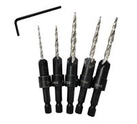 Zilimontt Set di 5 punte da trapano svasate regolabili per la lavorazione del legno con angolo di 82 gradi e gambo esagonale, punte coniche nelle dimensioni da 7/64 a 7/32 per legni duri e morbidi