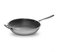 Zilimontt Wok in acciaio inox con coperchio, 30 cm, 32 cm, 34 cm, padella da cucina professionale antiaderente, per fornelli a gas per friggere e friggere (34 cm)