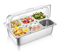 Ziliny Contenitore da banco per servire alimenti e coperchio superiore trasparente, in acciaio inox, vassoio da portata per buffet, condimenti, per ristoranti, hotel, cucina, feste (6 padelle)