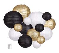 zilue Paper Lanterns Decorative, Round Hanging Paper Lanterns Decorations for Wedding Graduation Anniversary Birthday Party Supplies Black/Gold/White 15pcs