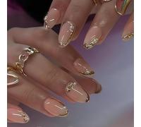 Zimocepuz Unghie Finte a Mandorla di Media Grandezza con Applicazione a Pressione, Set da 24 Pezzi con Design in Rilievo 3D e Montatura di Diamanti, Indossabili Quotidianamente da Donne,