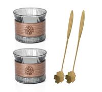 Zimoer Tazze da Caffè in Vetro Borosilicato 170ml - Set di 2 Tazzine con Cucchiaini Dorati a Forma di Fiore, Design Elegante a Righe Verticali - Ideale per Espresso, Regali e Ogni Occasione