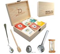Zinello Design Scatola per la Conservazione di Tè e Tisane in Legno con Accessori | 80 Bustine 6 Scomparti Ermetici | Confezione Regalo con Infusore Cucchiaio e Clessidra 23x17cm
