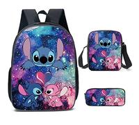 zingking Stitch, zaino con borsa per il pranzo, astuccio, set di 3 borse per libri per bambini, con stampa 3D, borsa per la scuola per bambini, Nero , Zaino per bambini