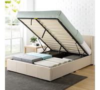 Zinus Maddon Letto Matrimoniale con Contenitore e Testiera Imbottito - Altezza 31 cm - Struttura Letto 160x190 cm con Rete a Doghe in Legno e Sollevamento a Gas - Beige