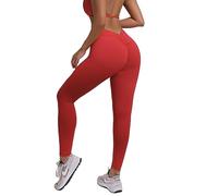 Zioccie Leggings da donna con scollo a V con schiena a V per sollevamento del sedere a vita alta e morbido collant da allenamento per palestra e yoga, Rosso, S
