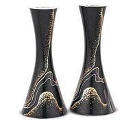 Zion Judaica Marbel - Set di 2 candelieri moderni in metallo marmorizzato a forma di clessidra da 17,1 cm, adatti per candele coniche e shabbat spesse 2,2 cm, regalo per matrimoni ebraici (Black