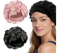 ZIOYANE Cuffia da notte in seta per dormire, in raso simile al PE, con nastro, fascia elastica e retina protettiva per capelli, per donne e ragazze, 2 pezzi (nero nudo)