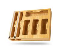 Ziplock Bag Storage Organizer Bamboo - 6 In 1 Wrap Dispenser with Cutter, Suitable for Gallon, Quart, Sandwich & Snack Bag, Cling Film, Aluminum Foil