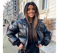 Zipper Invernale Spesso Nero Caldo Corto Parka Winderbreaker Donne Pane Caldo Giacca in Cotone PU Cappotto in Pelle - Black Coat, L
