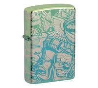 Zippo Accendino antivento a tema tatuaggio verde acqua lucido laser 360°, ricaricabile, riutilizzabile, design antivento, confezione regalo, made in USA