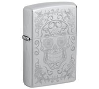 Zippo Accendino antivento con teschio cromato satinato, incisione auto, ricaricabile, riutilizzabile, design antivento, made in USA