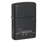 Zippo Accendino antivento Logo Script Lettering, nero opaco con cromo, laser a 360°, ricaricabile, riutilizzabile, design antivento, made in USA