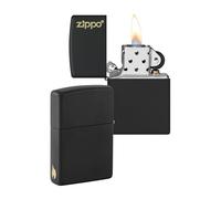 Zippo Accendino antivento - Logo Zippo oro - nero opaco, incisione laser - ricaricabile per uso a vita - fiamma regolabile - confezione regalo - metallo - Made in USA