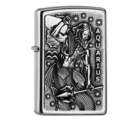 Zippo Accendino Antivento, Motivo: Zodiac Aquarius, Street Chrome, Ricaricabile, Riutilizzabile, Antivento, Confezione Regalo, Prodotto negli Stati Uniti