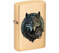 Zippo Accendino antivento - Wolf Warrior, ottone spazzolato, immagine a colori, ricaricabile, riutilizzabile, design antivento, confezione regalo, made in USA
