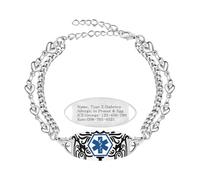 Zircobic Bracciale di Allerta Medica Personalizzabile - Doppia Catena a Cuore, Inciso al Laser con Testo Personalizzato, Gioiello Leggero e Impermeabile per Viaggi, Fitness, Uso Quotidiano
