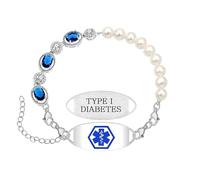 Zircobic Bracciale Donna Diabete Tipo I | Perla Naturale + Zircone Blu Ovale Traforato | Tag Acciaio Inciso | Leggero & Comodo per Uso Quotidiano/Outdoor