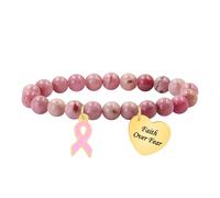 Zircobic Bracciale Elastico in Rodocrosite Leggero per Donne - Nastro Rosa con Ciondolo Inciso “Faith Over Fear”, Gioiello Simbolico di Sensibilizzazione