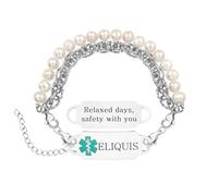 Zircobic Bracciale ID Medica alla Moda per Donne - Piastra Incisa “Eliquis” in Acciaio Inox, Doppia Catena di Perle Naturali Regolabile, Leggero e Impermeabile per Uso Quotidiano e Outdoor