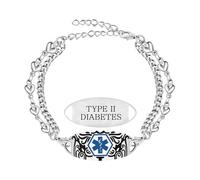 Zircobic Bracciale ID Medico Semplice - Targhetta Incisa “Type II Diabetes”, Doppia Catena a Cuore, Gioiello Leggero, Regolabile e Impermeabile per Lavoro, Fitness, Uso Quotidiano