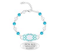 Zircobic Bracciale Medico Allergia Penicillina Leggero e Confortevole - Catena a Cuore in Zircone Blu Rotondo, Acciaio Inossidabile Inciso, Gioiello ID Emergenza Donna, Regalo per Famiglia & Amici