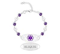 Zircobic Bracciale Medico Eliquis Inciso al Laser - Zircone Viola Rotondo con Catena a Cuore, Impermeabile, Leggero & Conforte volevole, Gioiello ID Medico per uno Stile di Vita Attivo