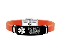 Zircobic Bracciale Medico in Silicone Arancione Impermeabile - Inciso al Laser NIENTE BP/IV/AGHI, Acciaio Inossidabile, Leggero & Confortevole, Unisex, Attività All’Aperto & Uso Quotidiano