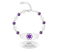 Zircobic Bracciale Medico Salute Mentale in Zircone Viola da Donna - Piastra in Acciaio Inossidabile Incisa al Laser, Catena a Cuore, Leggera & Confortevole ID Medico per Uso Quotidiano & Lavoro