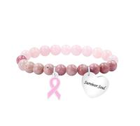 Zircobic Bracciale per la Sensibilizzazione sul Cancro al Seno - Quarzo Rosa e Rodocrosite con Ciondolo Inciso “Survivor Soul”, Design con Nastro Rosa