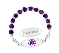 Zircobic Bracciale Salute Acciaio Inox Leggero & Confortevole｜Incisione Laser COUMADIN｜Perle Cristallo Viola｜Impermeabile, Durevole & Elegante｜Quotidiano, Outdoor, Fitness, Viaggio