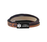 Zircobic Bracciale Uomo Diabete Tipo 1 - Pelle PU Intrecciata Gialla, Placca ID Medica Incisa al Laser, Impermeabile e Durevole, Per Sport All’Aperto e Uso Quotidiano