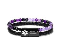 Zircobic Braccialetti di allerta medica personalizzati con incisione laser su acciaio inossidabile e codici QR - pelle PU e perline di agata per uso quotidiano, Non ajustable, Acciaio inossidabile