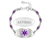Zircobic Braccialetto medical ID in acciaio inox per donne con zircone viola, targhetta allerta incisa “ASTHMA”, confortevole e ipoallergenico, perfetto per uso quotidiano e outdoor