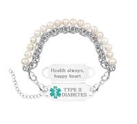 Zircobic Elegante Bracciale ID Medica con Perle per Donne - Piastra Incisa “Type II Diabetes” in Acciaio Inox, Doppia Catena Regolabile e Impermeabile, Gioiello Salute Confortevole e Leggero