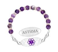 Zircobic Gioiello ID Medico Donna Acciaio Inox｜Incisione Laser ASTHMA｜Perle Cristallo Viola Eleganti｜Leggero, Confortevole & Durevole｜Quotidiano, Corsa, Fitness, Viaggio, Outdoor
