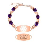 Zircobic "NO BP/IVS/AIGUILLES Bracciale Medico - Perle di Zaffiro Viola con Targa Incisa, Impermeabile e Catena Regolabile per Uso Attivo o Quotidiano