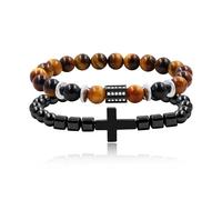 Zircobic Set di 2 Bracciali Croce Occhio di Tigre & Agata Nera, Perle Elastiche, Gioiello Religioso Ispirazionale, Leggero, Impermeabile, Ipoallergenico, Adatto a Uomini e Donne per Uso Quotidiano