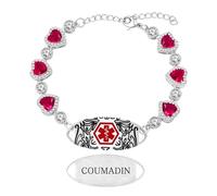 Zirconia Bracciale medico per Coumadin con catena zircone rosso a cuore e targhetta inox incisa al laser, impermeabile e leggero, per lavoro e occasioni sociali
