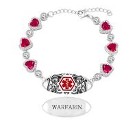 Zirconia Bracciale medico per Warfarin con cuore rosso in zircone, catena regolabile, targhetta inox incisa, leggero e impermeabile per corsa e attività esterne