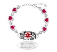 Zirconia Bracciale medico personalizzato con incisione, cuore rosso in zircone, catena regolabile, targhetta inox, leggero e ipoallergenico per uso personale