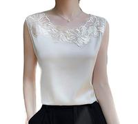 ZIRONG Canotte Raso Donna,Ladies Skin-Friendly Beige Silk Canos Lace Girocollo Top Senza Maniche - Soft Silky Ideale per L'Uso Quotidiano, Lo Shopping, La Spiaggia, M
