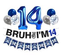 Zirtorei Decorazioni per 14° compleanno per ragazzi, 10 pezzi, blu argento Bruh I'm 14 Banner Happy 14th Birthday Balloons, 14 anni Bday Party Supplies Sign