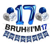 Zirtorei Decorazioni per 17° compleanno per ragazzi, 10 pezzi, blu argento Bruh I'm 17 Banner Happy 17th Birthday Balloons, 17 anni Bday Party Supplies Sign