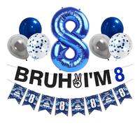 Zirtorei Decorazioni per 8° compleanno per ragazzi, 9 pezzi blu argento Bruh I'm 8 Banner Happy 8th Birthday Balloons, 8 anni Bday Party Supplies Sign