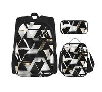 ZISHAK Zaino moderno alla moda con stampa a triangolo, nero, bianco, oro, leggero, borsa termica per il pranzo, 3 pezzi, zaino da giorno
