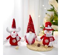ZiStarlilife Set di 3 statuette natalizie in peluche con gnomo, pupazzo di neve e renna in abiti rossi con fiocco di neve per decorazioni natalizie per la casa