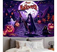 ZISTRCBAO Arazzo Da Parete Con Teschi Fantasmi Case Infestate 150x100cm | Arazzo Cartone Animato Americano Halloween Arte Muraria Soggiorno Camera Da Letto Dormitorio Decorazione, Viola