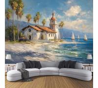 ZISTRCBAO Carta Da Parati Chiesa Di Santa Barbara Beach California 150x105cm, Fotomurali in Seta Paesaggio Dipinto A Olio, Blu Poster Decor Camera De Letto Sala Ufficio